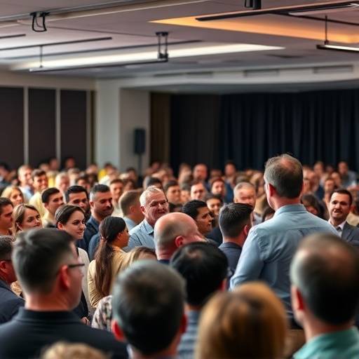 Event Photography Example: A crowd of people enjoying a corporate event, with a speaker on stage