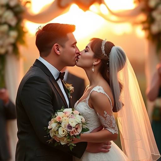 Wedding Photography Example: A bride and groom sharing a kiss during their wedding ceremony